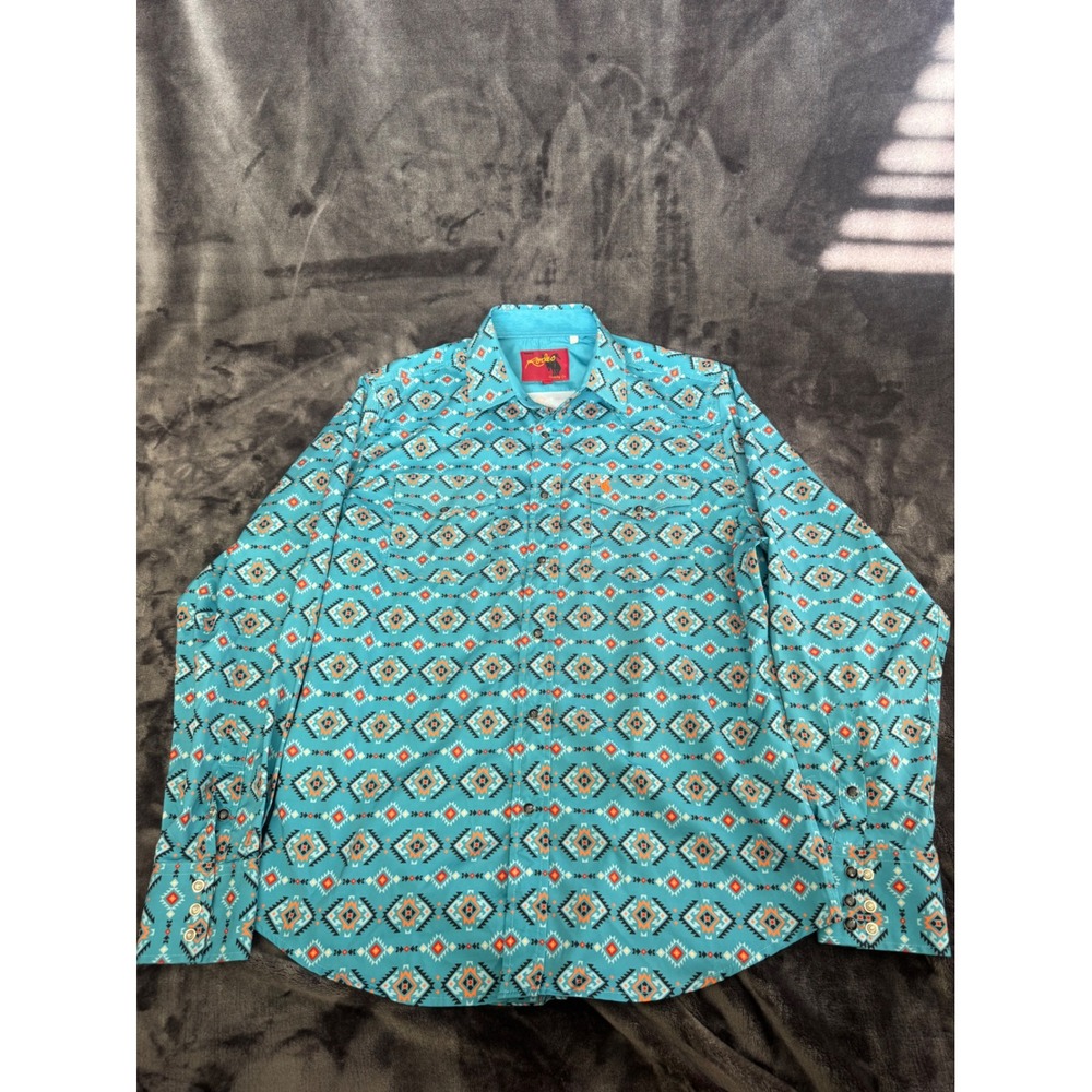 Rodeo Clothing Co Mens M Turquoise Aztec Western Pearl Snap Shirt Flawed